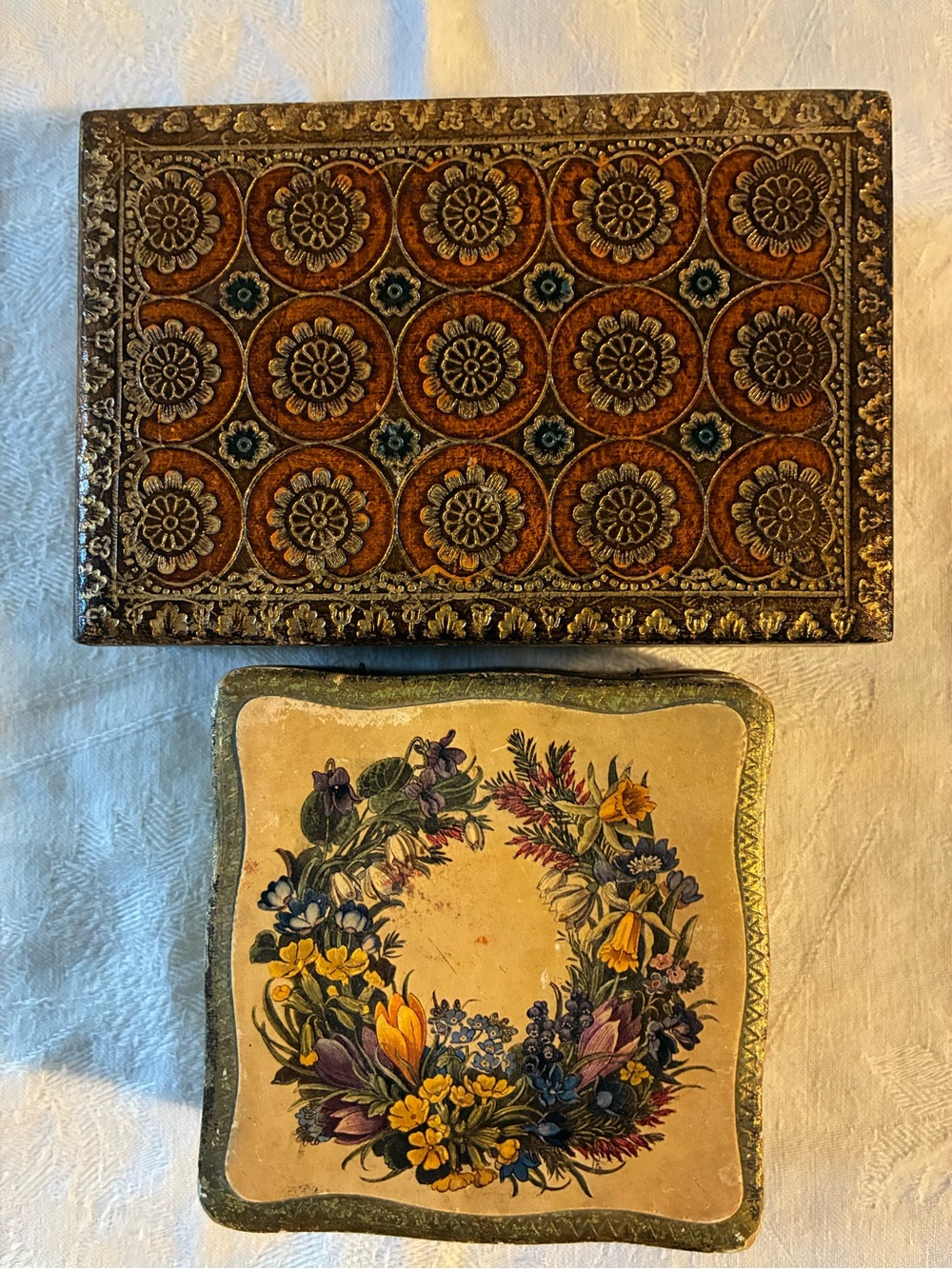 Italian Keepsake Boxes Gilt Wood Boxes W/ Metal Hinges Floral Wreath Harlequin